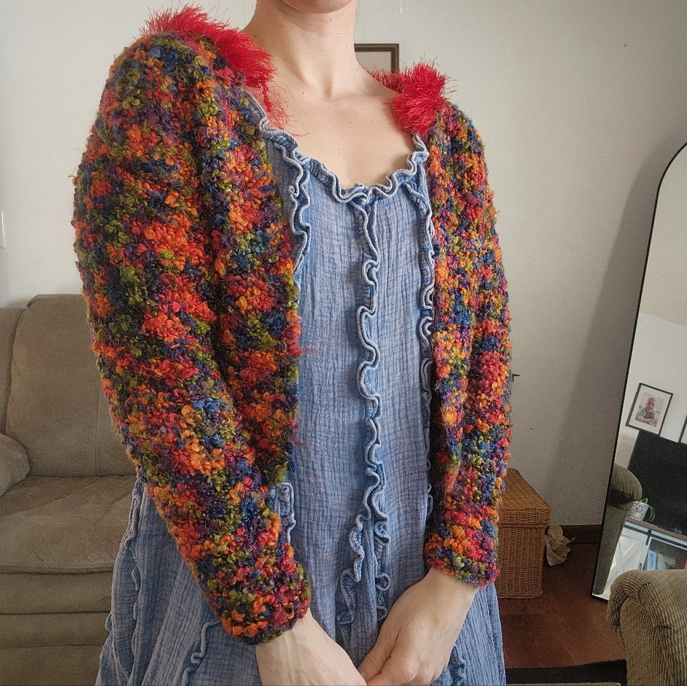 Handmade Multicolor Knit Cardigan With Fluffy Trim Size Small